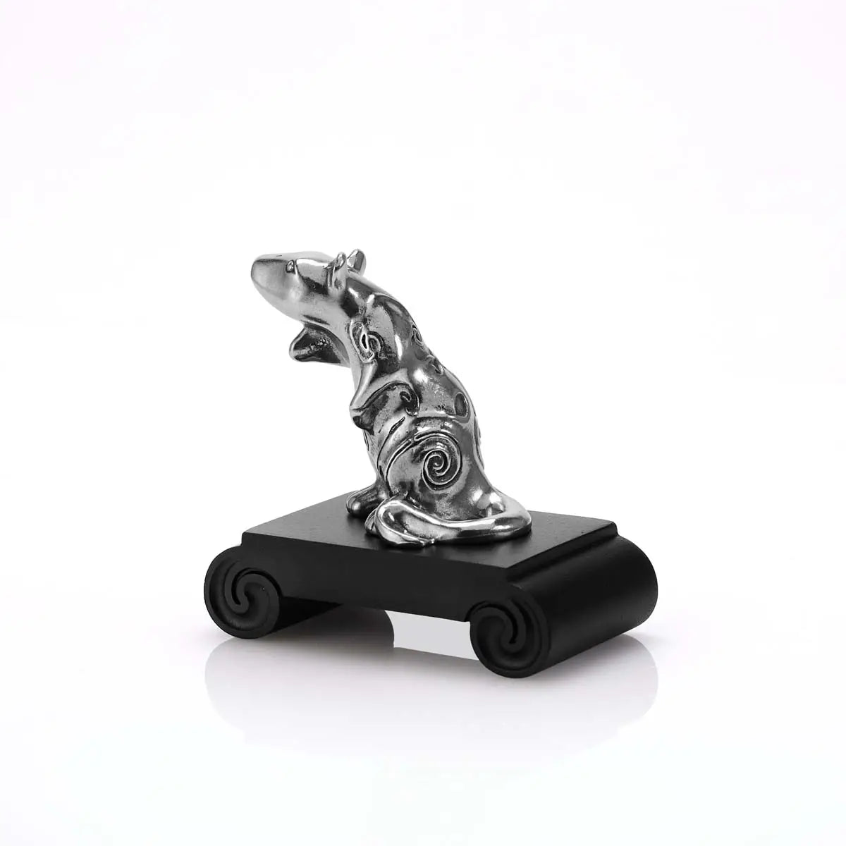 Side view image of Chinese Zodiac Rat Figurine by Royal Selangor, showing pewter rat figurine on black stand on white background.