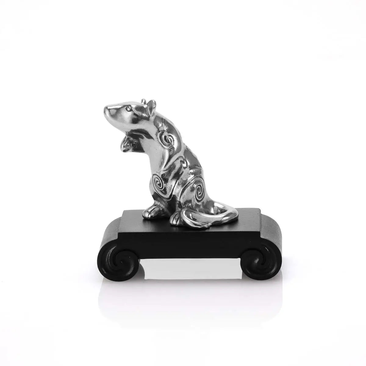 Side view image of Chinese Zodiac Rat Figurine by Royal Selangor, showing pewter rat figurine on black stand on white background.