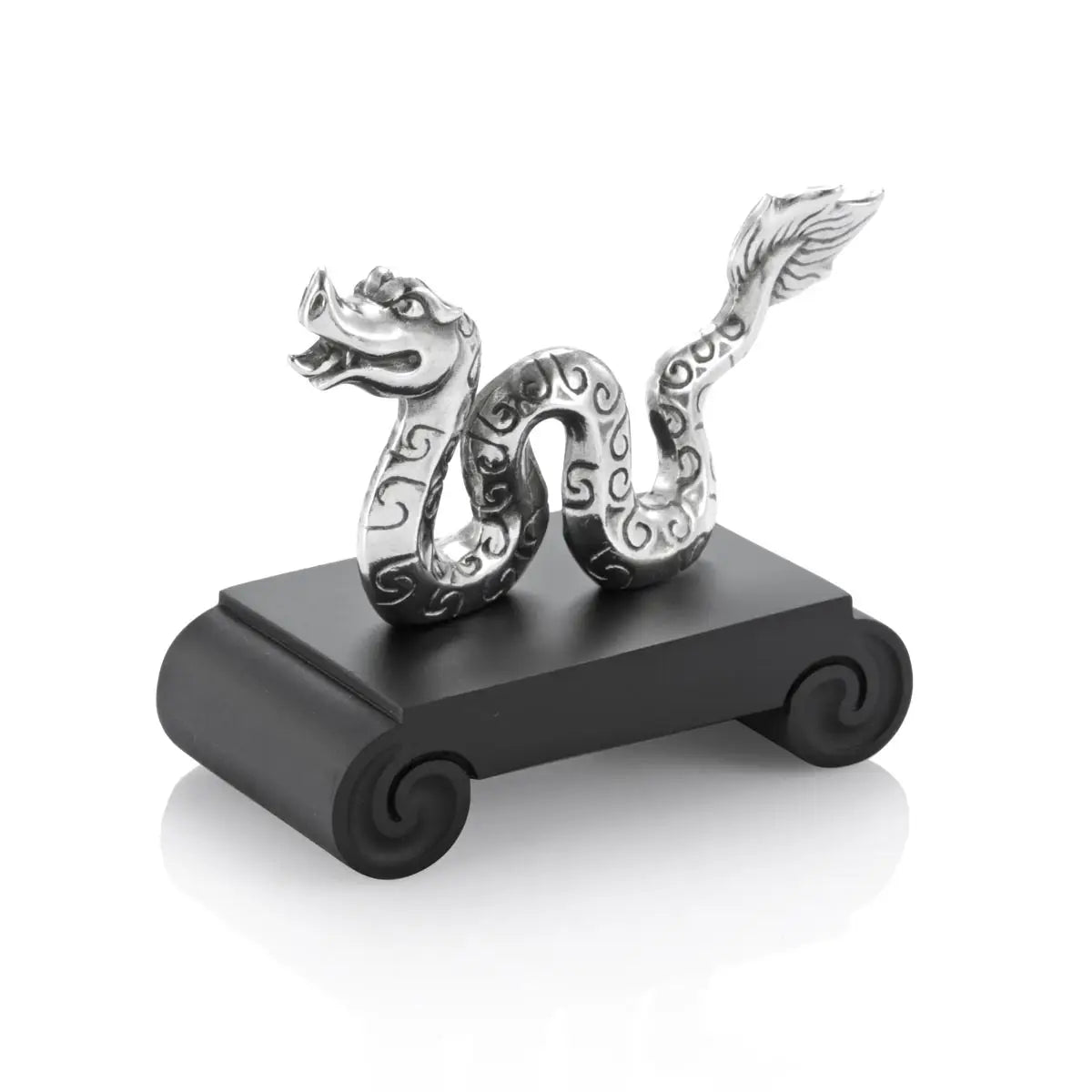 Image of Chinese Zodiac Snake Figurine by Royal Selangor, showing silver snake figurine on black stand on white background.