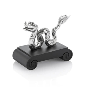 Image of Chinese Zodiac Snake Figurine by Royal Selangor, showing silver snake figurine on black stand on white background.