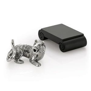 Image of Chinese Zodiac Tiger Figurine by Royal Selangor, showing pewter tiger figurine next to black resin stand on white background.