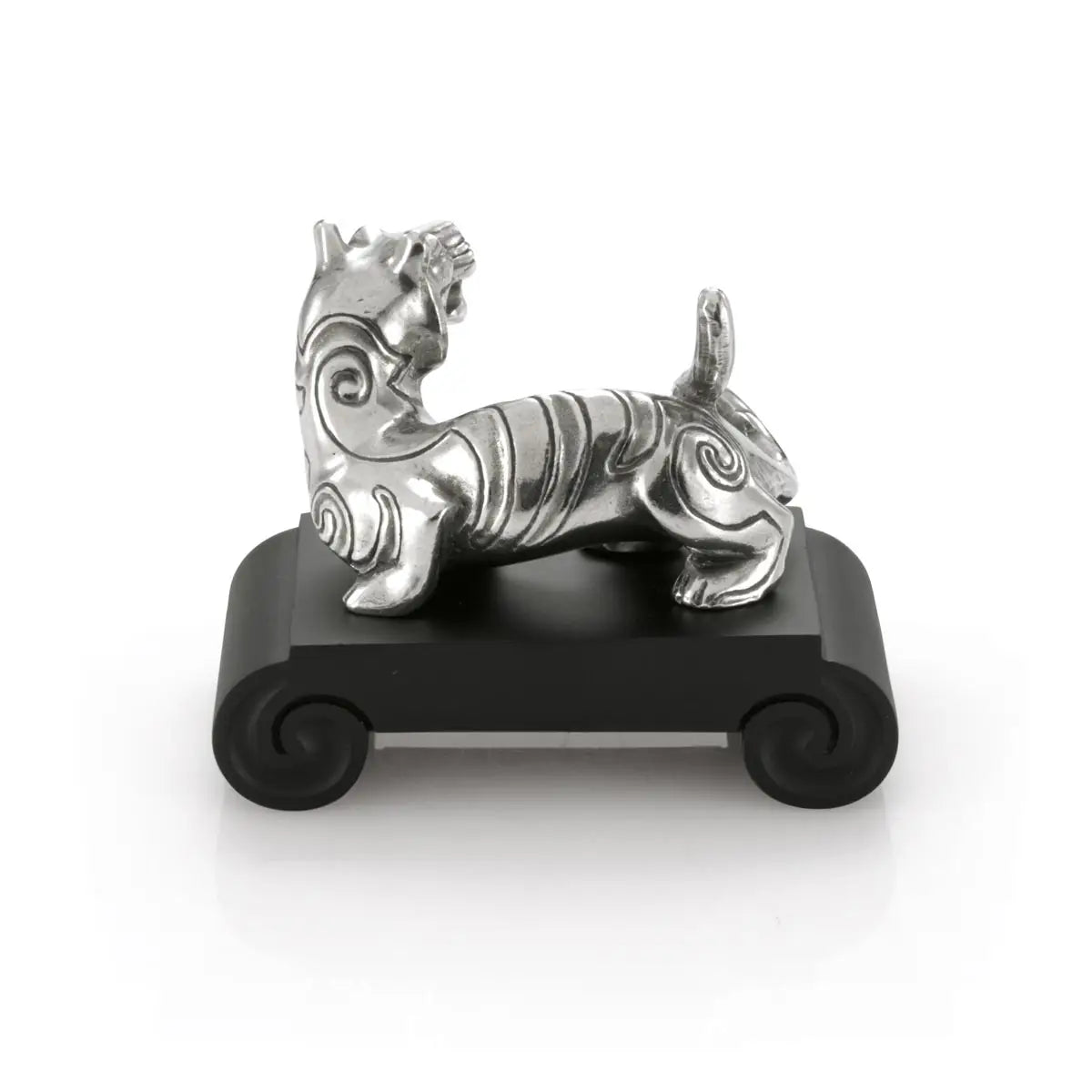 Side view image of Chinese Zodiac Tiger Figurine by Royal Selangor, showing pewter tiger figurine on black resin stand on white background.