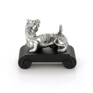 Side view image of Chinese Zodiac Tiger Figurine by Royal Selangor, showing pewter tiger figurine on black resin stand on white background.