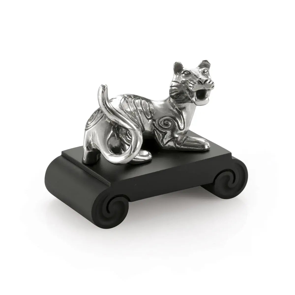 Image of Chinese Zodiac Tiger Figurine by Royal Selangor, showing pewter tiger figurine on black resin stand on white background.