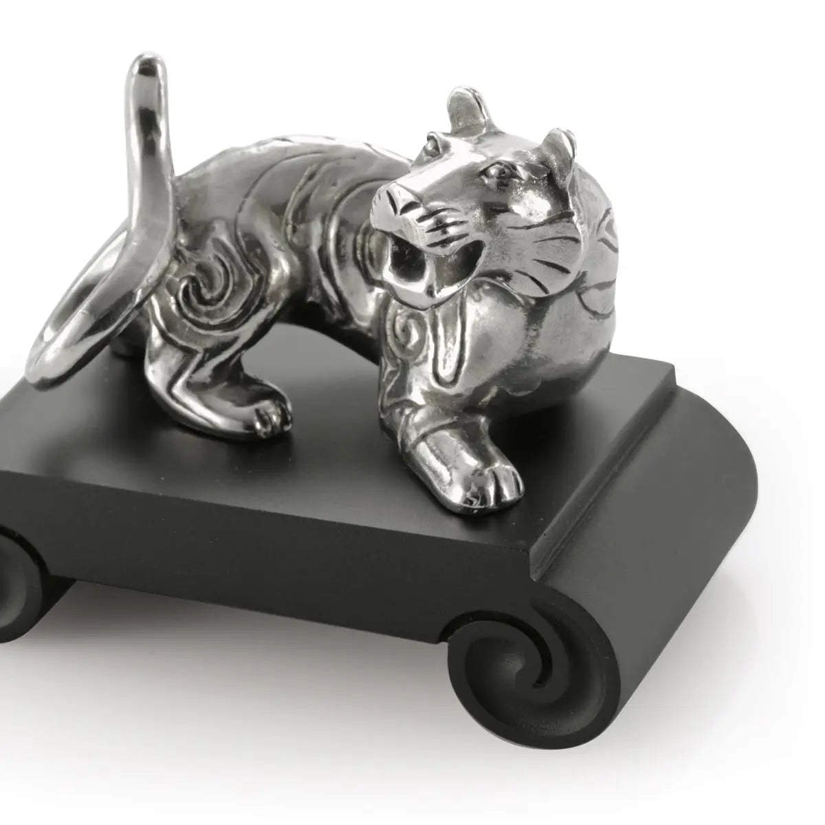 Close up image of Chinese Zodiac Tiger Figurine by Royal Selangor, showing pewter tiger figurine on black resin stand on white background.