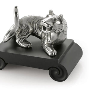Close up image of Chinese Zodiac Tiger Figurine by Royal Selangor, showing pewter tiger figurine on black resin stand on white background.