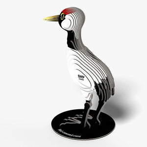 Rear view image of EUGY Crane showing 3D carboard model of a red-crowned crane with white body, black neck and legs, and a red patch on the head on white background.
