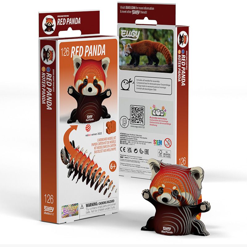 Front view image of Eugy Red Panda, showing model of panda made from layers of cardboard in orange and brown, in sitting position with arms and legs reaching out, and packaging, on white background.