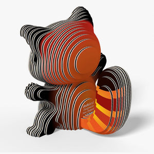 Back view image of Eugy Red Panda, showing model of panda made from layers of cardboard in orange and brown, in sitting position with arms and legs reaching out, on white background.