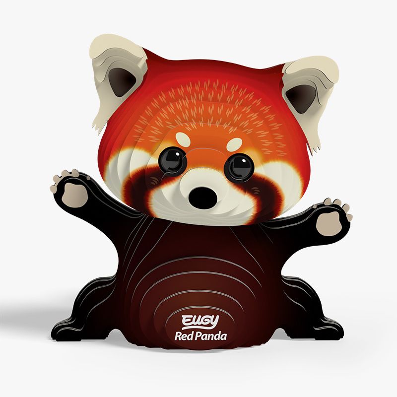 Front view image of Eugy Red Panda, showing model of panda made from layers of cardboard in orange and brown, in sitting position with arms and legs reaching out, on white background.