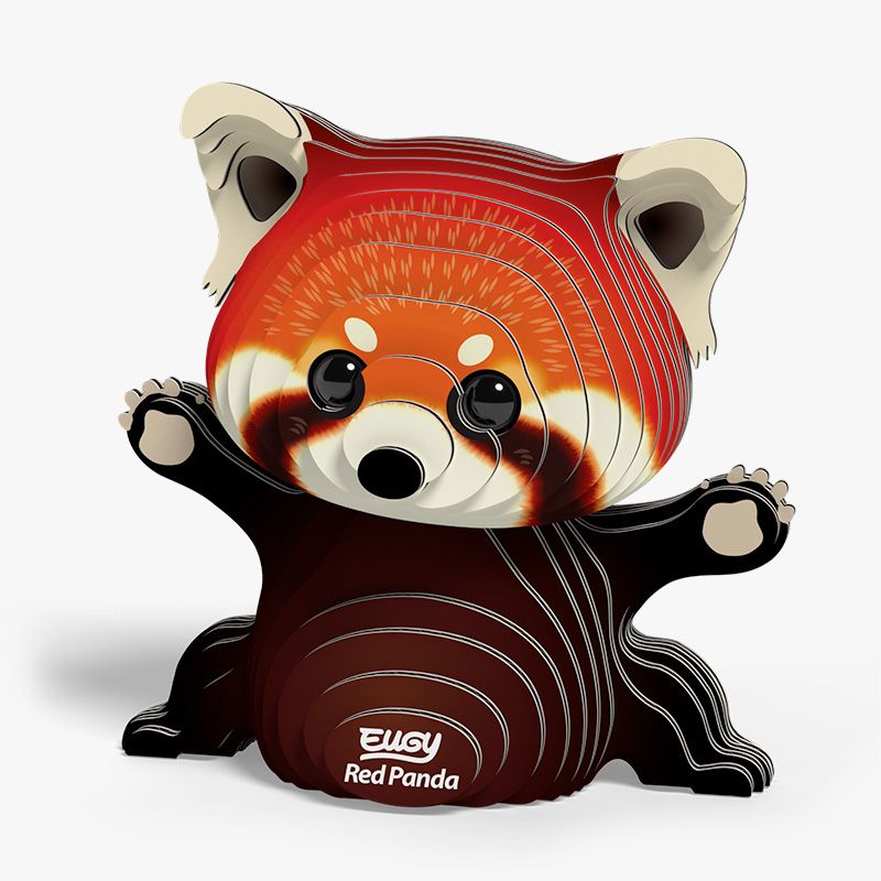 Front view image of Eugy Red Panda, showing model of panda made from layers of cardboard in orange and brown, in sitting position with arms and legs reaching out, on white background.