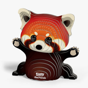 Front view image of Eugy Red Panda, showing model of panda made from layers of cardboard in orange and brown, in sitting position with arms and legs reaching out, on white background.