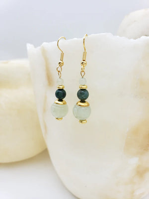 Image of pair of gold hanging earrings with three jade beads hanging on white crystal.