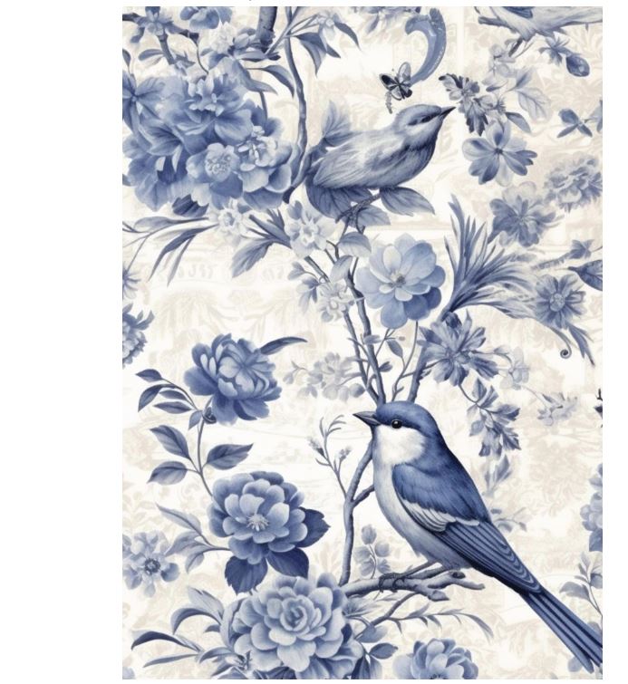 Image of gift card with blue and white illustration of birds and flowers.