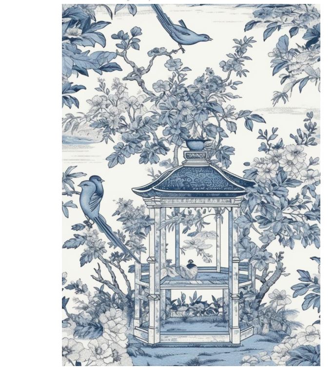Image of gift card in with blue and white illustration of Chinese pagoda surrounded by flowers and birds.