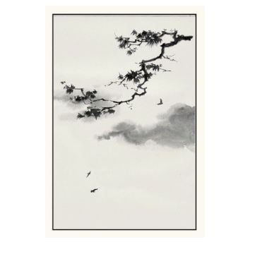 Image of gift card by Elise Hurst showing black and white watercolor picture of a tree branch with leaves, birds and clouds in the background.