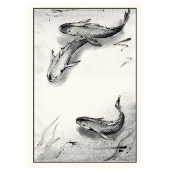 Image of greeting card by Elise Hurst showing black and white water colour painting of koi swimming.