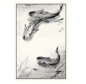 Image of greeting card by Elise Hurst showing black and white water colour painting of koi swimming.