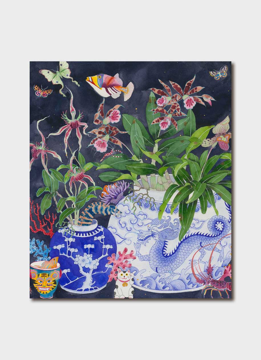 Image of gift card by Gabby Malpas showing blue and white Chinese pots with orchids on a black background.