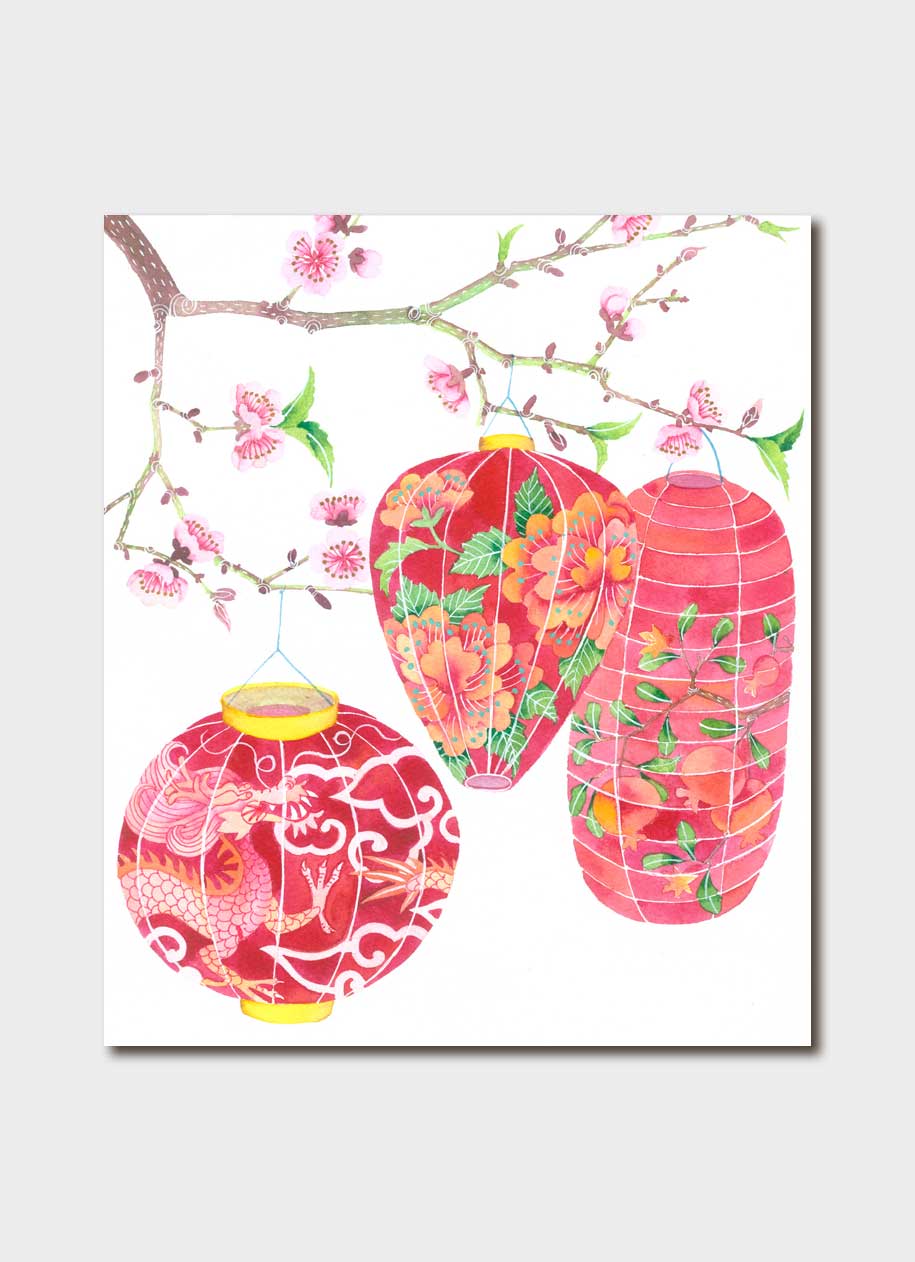 Image of gift card by Gabby Malpas showing red and pink Chinese lanterns hanging from a cherry blossom branch on a white background.