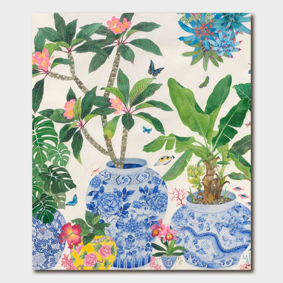 Image of gift card by Gabby Malpas showing illustration of blue and white Chinese ceramic pots with plants including pink frangipani and monstera.