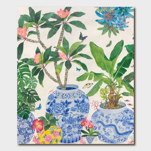 Image of gift card by Gabby Malpas showing illustration of blue and white Chinese ceramic pots with plants including pink frangipani and monstera.