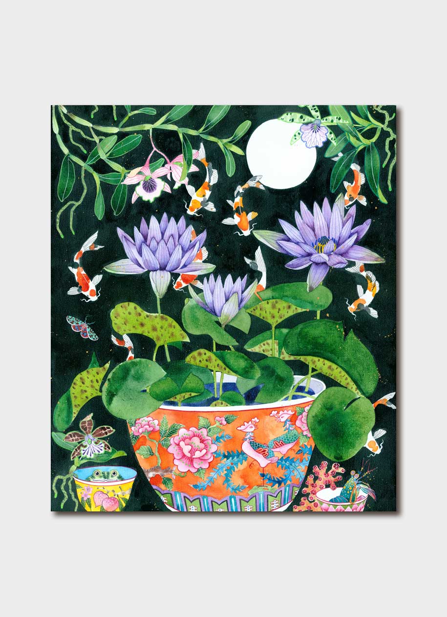 Image of gift card by Gabby Malpas showing illustration of red Chinese pot with lotus flowers on a black background with koi fish and orchids.