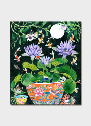 Image of gift card by Gabby Malpas showing illustration of red Chinese pot with lotus flowers on a black background with koi fish and orchids.
