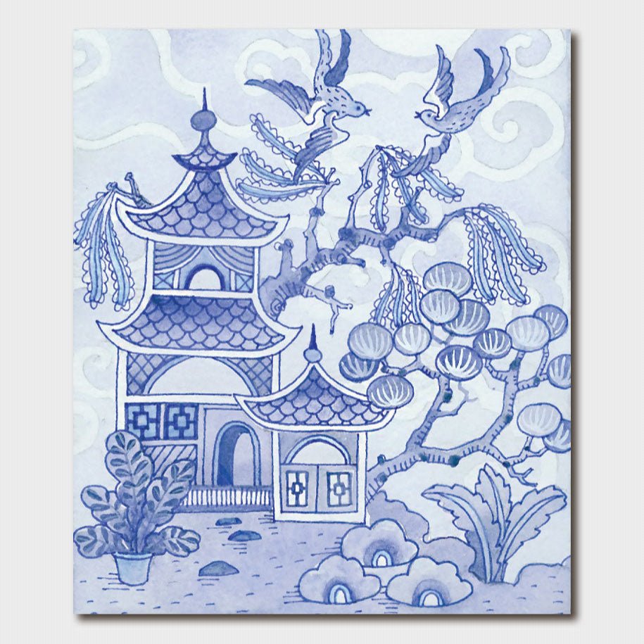 Image of gift card by Gabby Malpas showing blue and white watercolour illustration of Chinese building with trees and birds. 