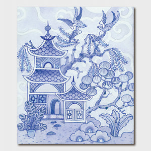 Image of gift card by Gabby Malpas showing blue and white watercolour illustration of Chinese building with trees and birds. 