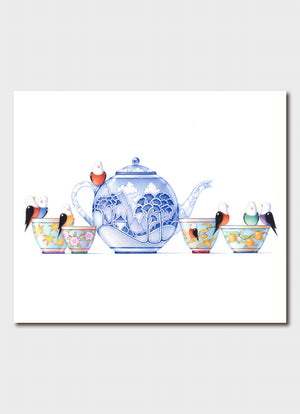 Image of gift card by Gordon Fitchett showing birds perched on blue and white tea pot and colourful tea cups on white background.