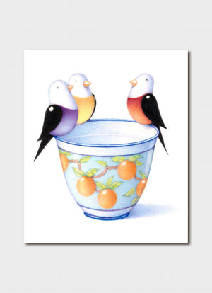 Image of gift card by Gordon Fitchett showing three bird perched on rim of colourful tea cup on white background.