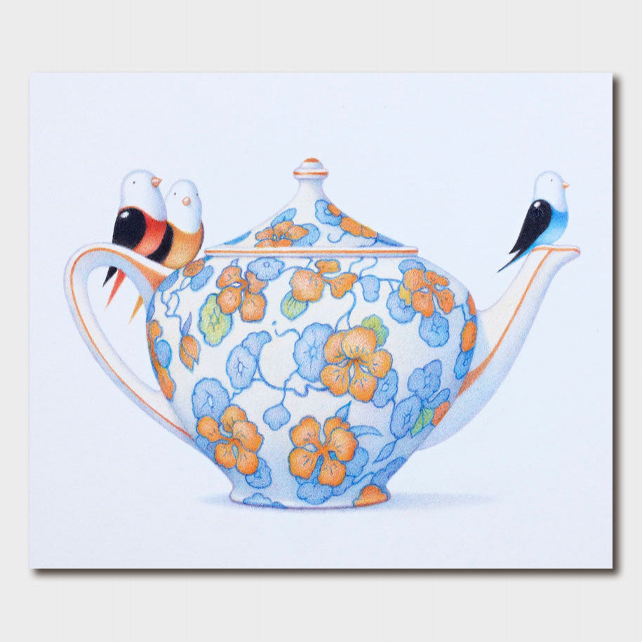 Image of gift card by Gordon Fitchett showing three birds perched on white teapot with blue and orange floral design on white background.