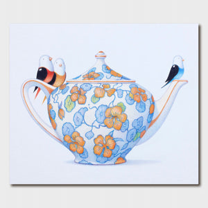 Image of gift card by Gordon Fitchett showing three birds perched on white teapot with blue and orange floral design on white background.