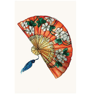 Image of gift card by Natalie Grantham showing watercolour painting of red fan with white flowers, with blue tassel on white background.