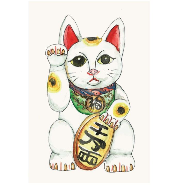 Image of gift card by Natalie Grantham showing watercolour painting of Chinese lucky cat in white with red and yellow accents.