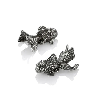 Image of pair of goldfish chopstick rests by Royal Selangor, showing two pewter goldfish shaped chopstick holders on white background.