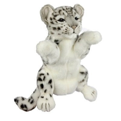 Image of Snow Leopard Puppet, showing white snow leopard with black spots on its face, legs and tail, on white background.