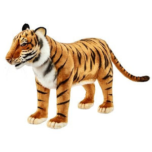 Image of a realistic plush tiger seat with orange fur, black stripes, and white detailing on the face and chest, standing on all fours and facing slightly to the left, set against a plain white background.