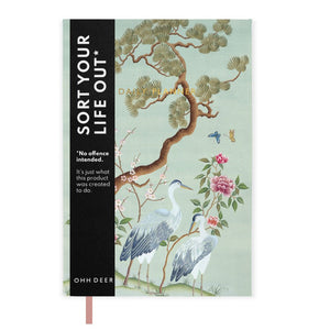 Image of Heron Landscape Daily Planner, showing illustration of tree and two herons on a green background in a Asian style.