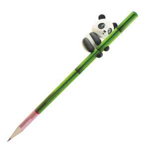 Image of Legami's I love Bamboo Panda Pencil with Eraser, showing green pencil with bamboo pattern and detachable panda shaped eraser on white background.