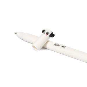 Close up image of  Legami's Panda Erasable Gel Pen, showing white pen lid with black and white panda head resting on white pen, on white background.