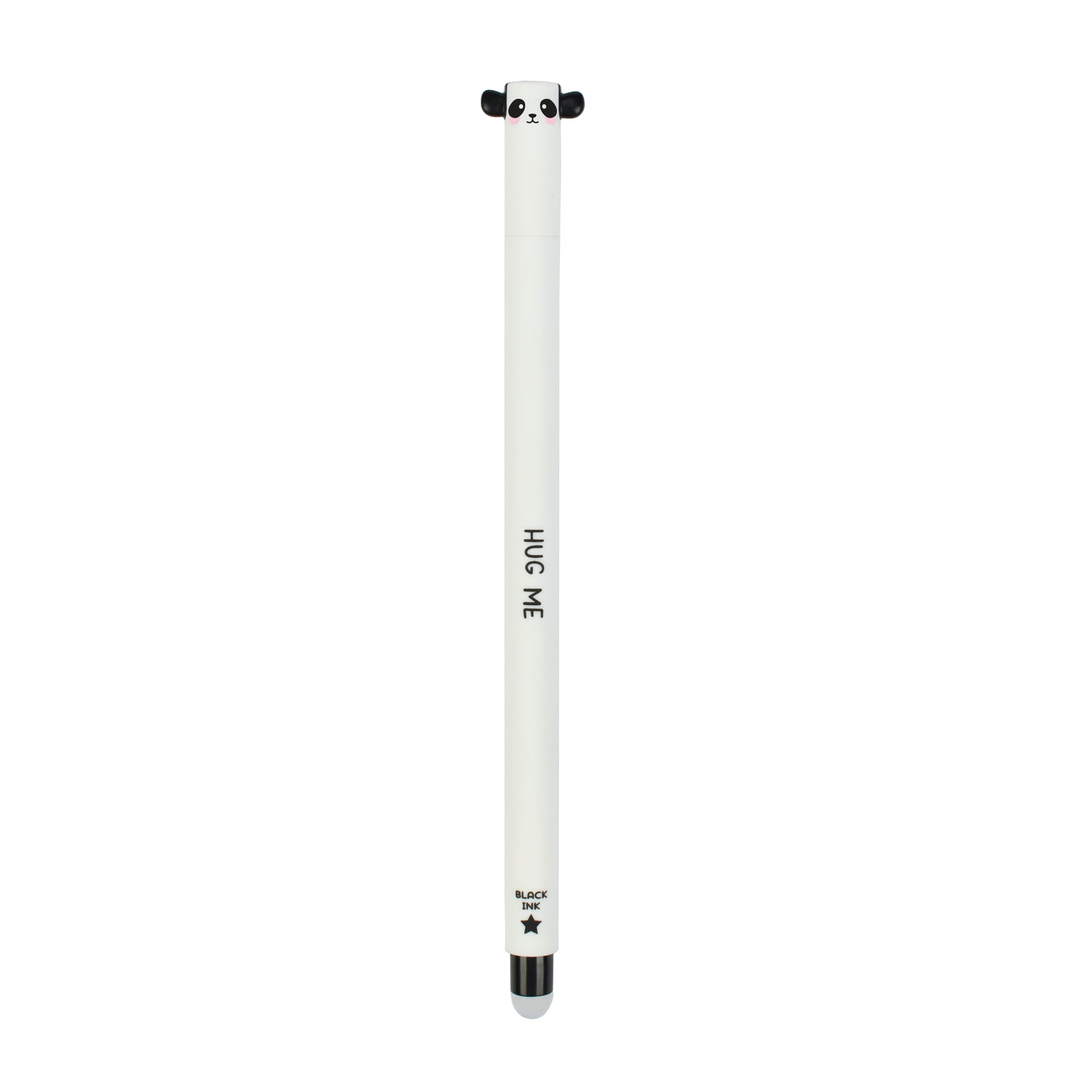 Image of  Legami's Panda Erasable Gel Pen, showing white pen with black and white panda head at the top and eraser at the bottom, on white background.