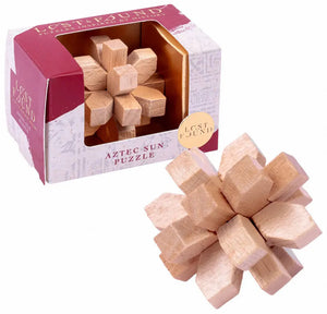Image of Aztec Sun Puzzle by Lost & Found, a three-dimensional wooden brain teaser made of interlocking light wood pieces, shown both assembled and partially inside a red and white display box with historical-themed design elements, against a white background.