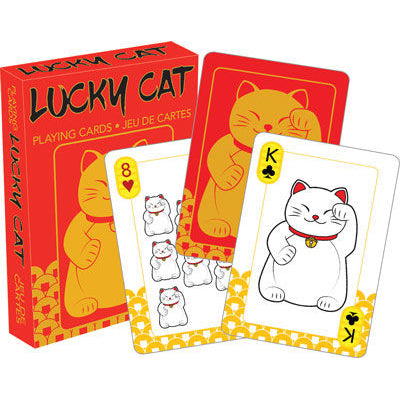 A red and yellow box of 'Lucky Cat' playing cards featuring maneki-neko (beckoning cat) illustrations. Two cards are displayed in front: the 8 of hearts with eight small white lucky cats, and the King of spades with a large white lucky cat wearing a bell collar, all set against a white background.