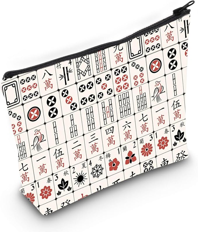 Image of a zippered cosmetic bag featuring a colorful pattern of traditional Mahjong tiles. The tiles display a variety of designs including Chinese characters, circles, bamboo, birds, and flowers, in red, black, and white tones. The bag has a white background and a black zipper.