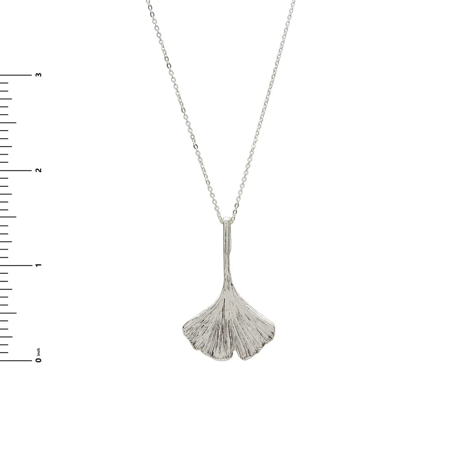 Image of ginko leaf shaped silver pendant on silver chain on white background.