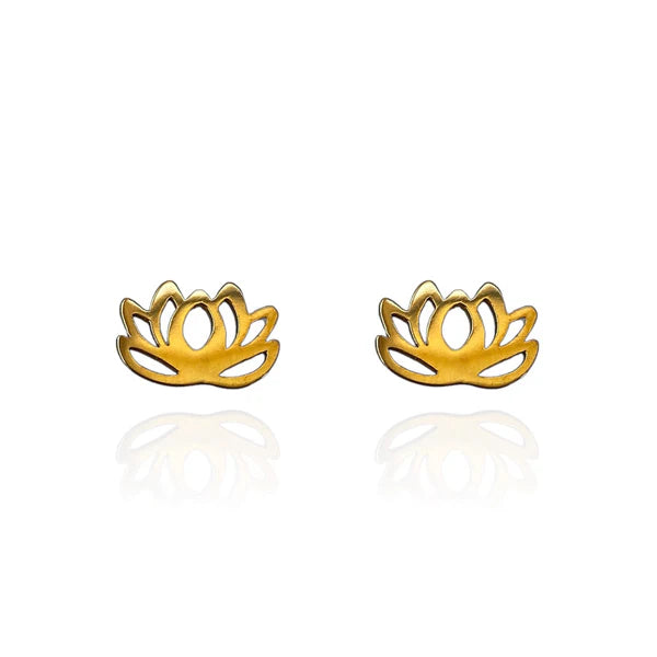 Image of a pair of polished gold stud earrings in the shape of a stylized lotus flower with open petal cutouts, displayed on a white background with soft reflections.