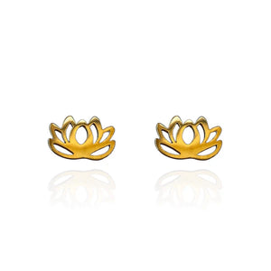 Image of a pair of polished gold stud earrings in the shape of a stylized lotus flower with open petal cutouts, displayed on a white background with soft reflections.