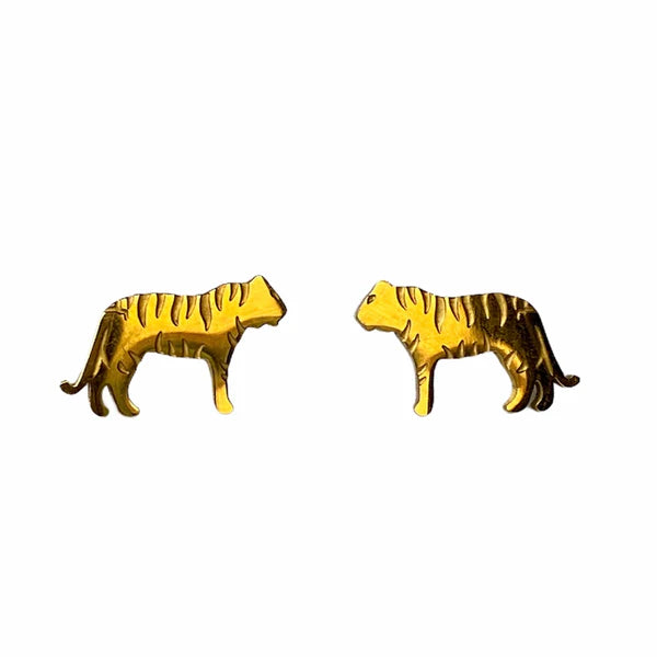 Image of a pair of gold-tone stud earrings in the shape of tigers, featuring engraved stripe details and a sleek silhouette. Displayed on a white background.